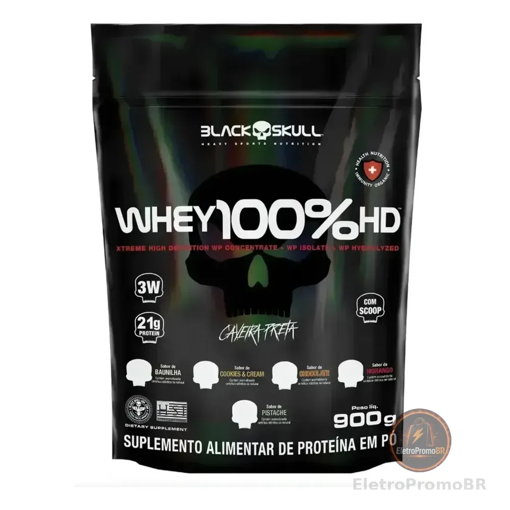 Whey 100% Hd Refil Black Skull - 900g (wpc, Wpi E Wph) Sabor Baunilha