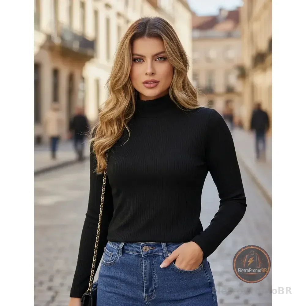 Blusa Cacharrel Segunda Pele Gola Alta Confortável Casual Preto Gg (46-48)