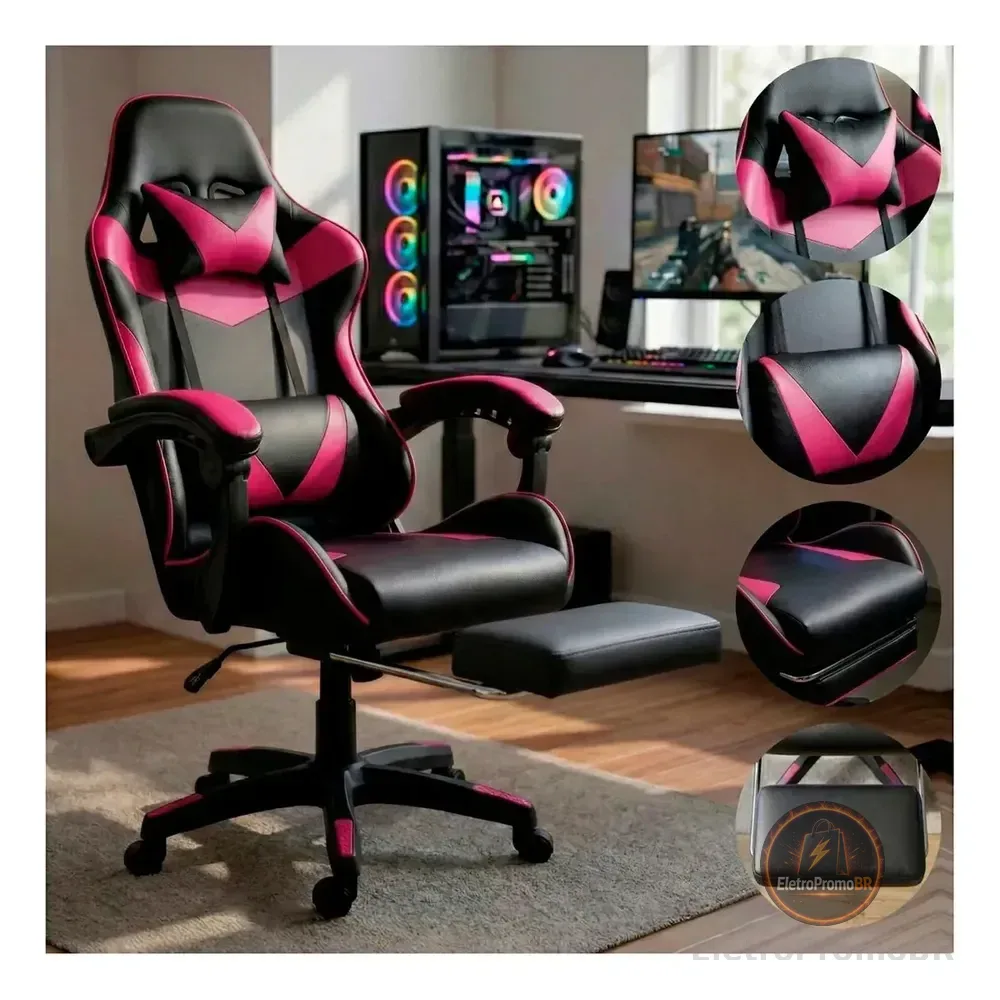 Cadeira De Escritório Gamer Ergonômica Reclinável Com Apoio Dos Pés Rosa Led Tools Com Estofado De Couro Sintético