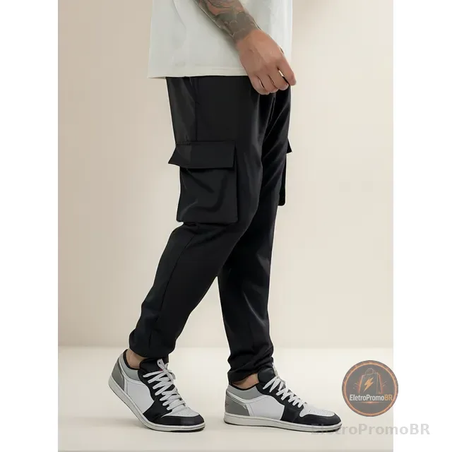 Calça Jogger Slim Masculina Mm  Cargo Preta 4 Bolsos
