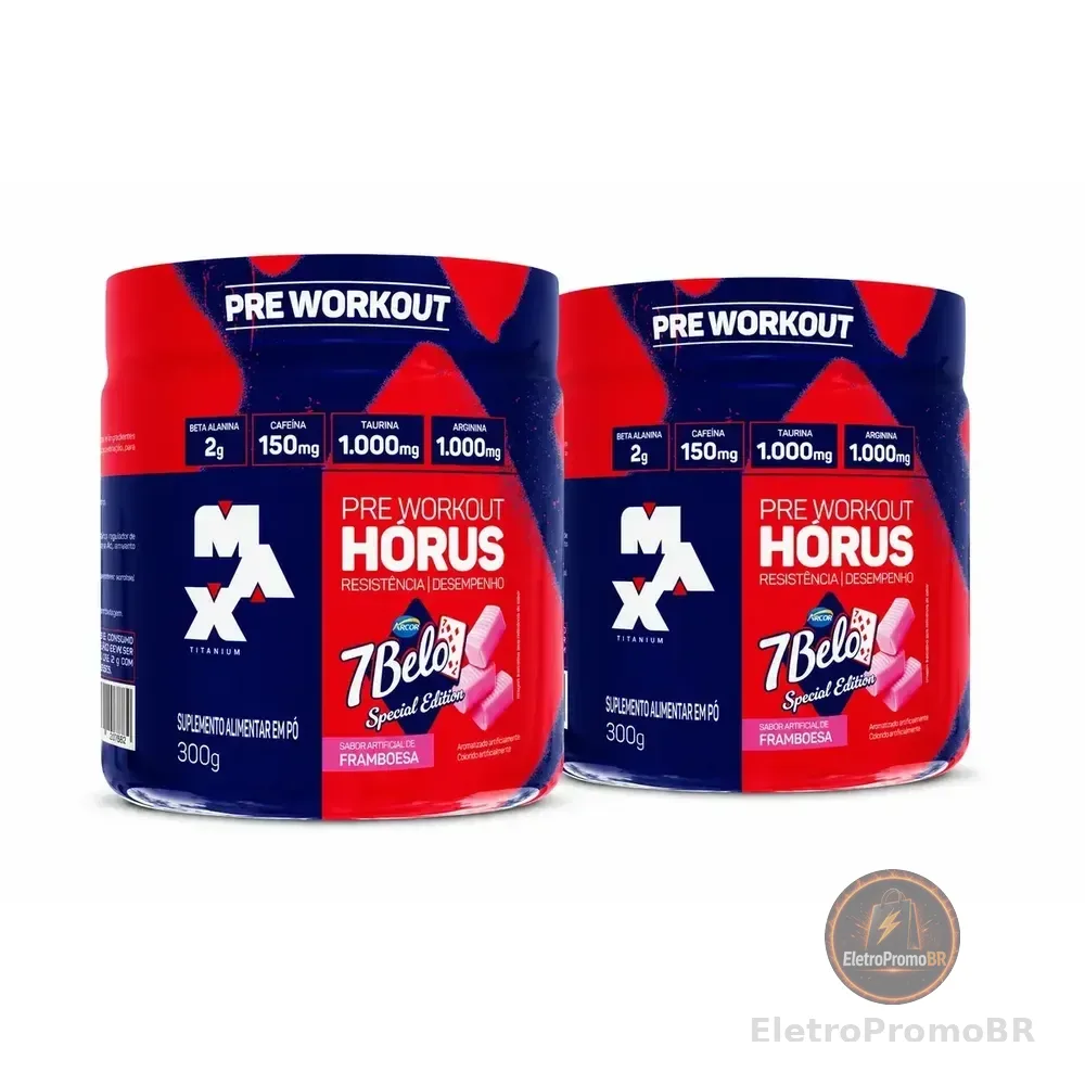 Pré Treino Hórus 7 Belo Max Titanium 300g Sabor Framboesa Kit 2 150mg Cafeína Energia Foco Performance 7 Belo - Artificial Framboesa