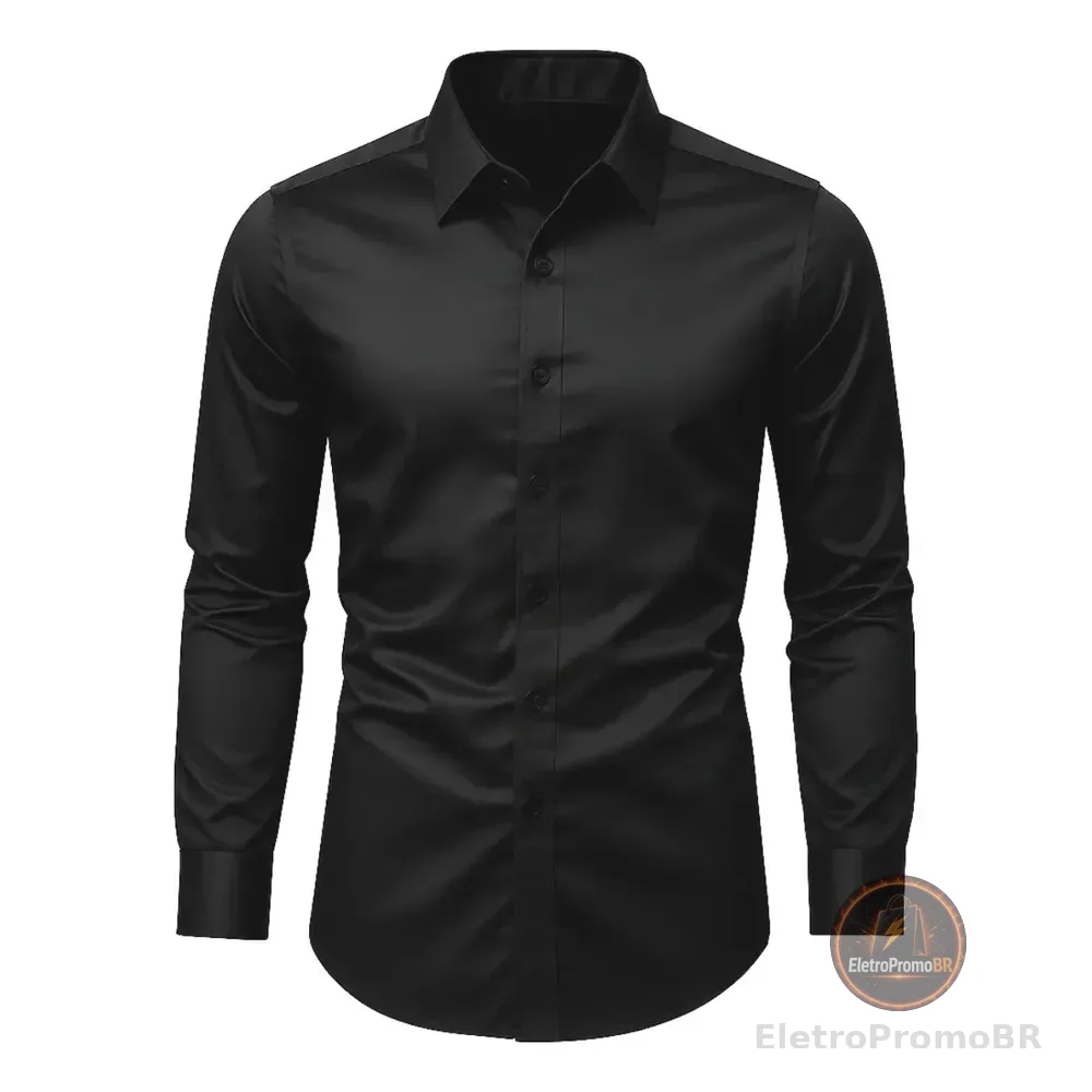 Camisa Social Masculina Slim Fit Premium Passa Facil Preto Liso M
