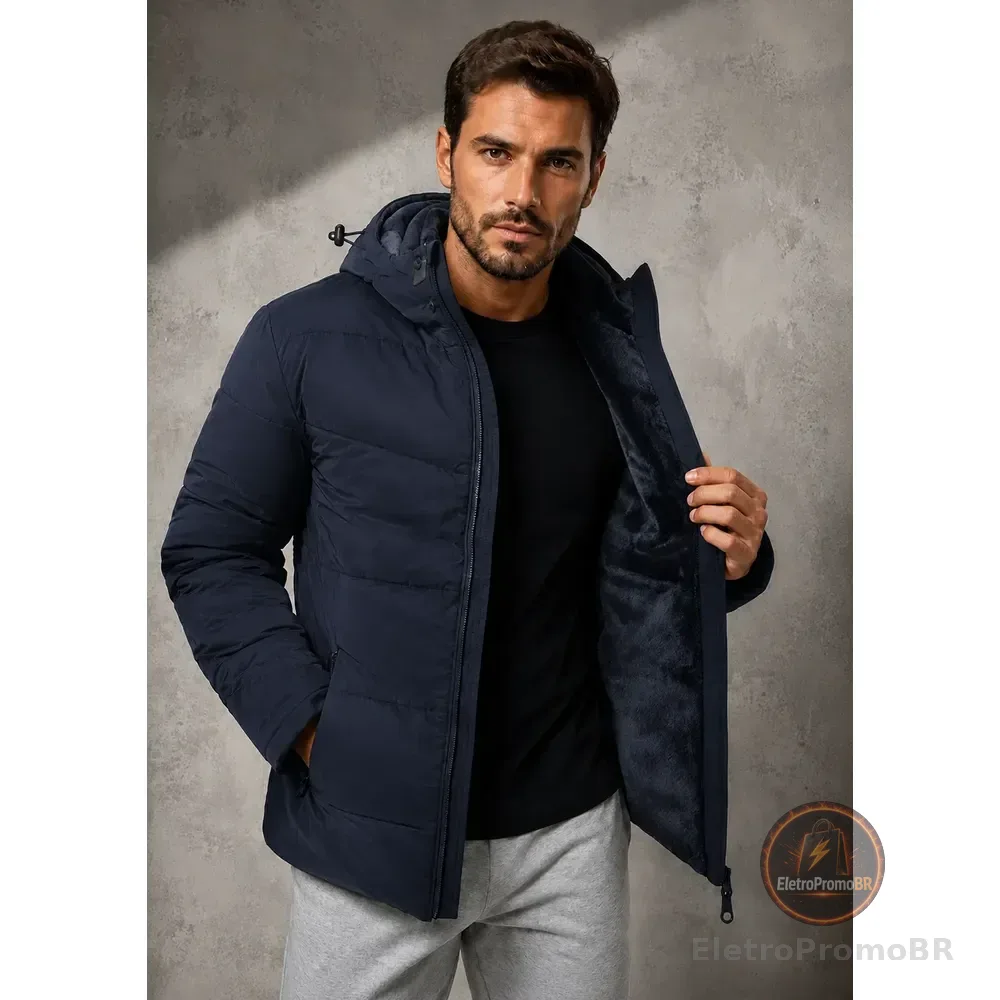 Jaqueta Puffer Masculina Térmica Com Capuz Forro Interno Azul-marinho G Lisa