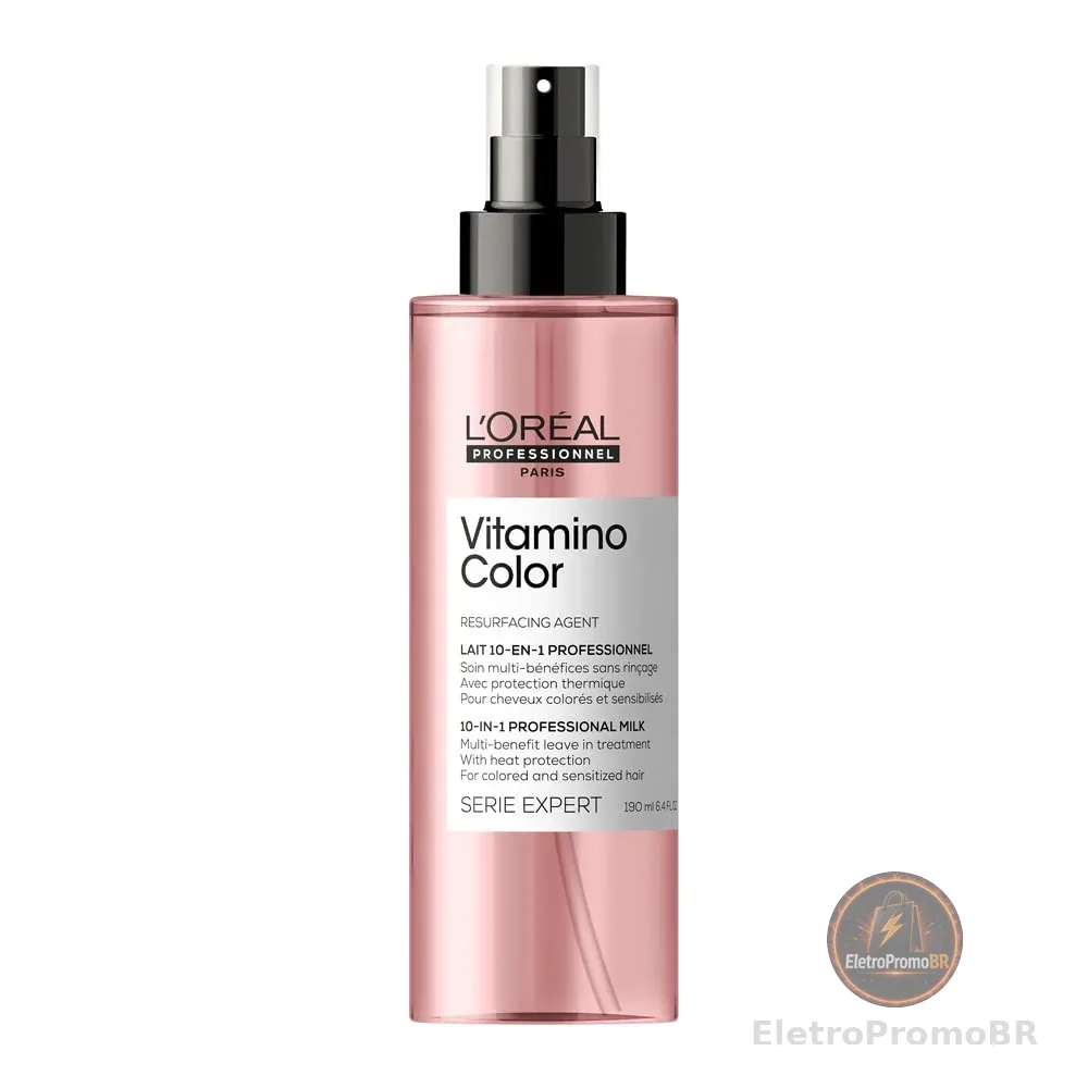 L'Oréal Professionnel Spray 10 em 1 Vitamino Color, Sem enxágue & multibenefícios, Protetor térmico e desembaraçador, Controla o frizz e aumenta o brilho, Para cabelos coloridos, 190ml