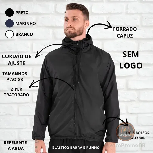 Jaqueta Corta Vento Liso Unissex Esportivo Capuz E Bolsos