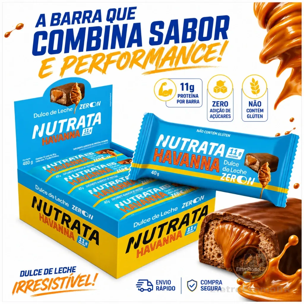 Barra De Proteina Doce de Leite Havanna  Nutrata Zero Açúcar 40g Dp 12 Un Nutrata