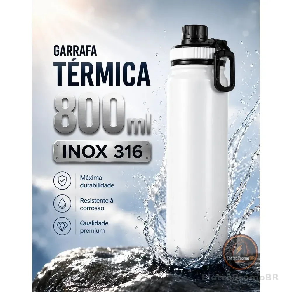 Garrafa Térmica 800ml Água Azarte Inox Academia Com Alça Branca