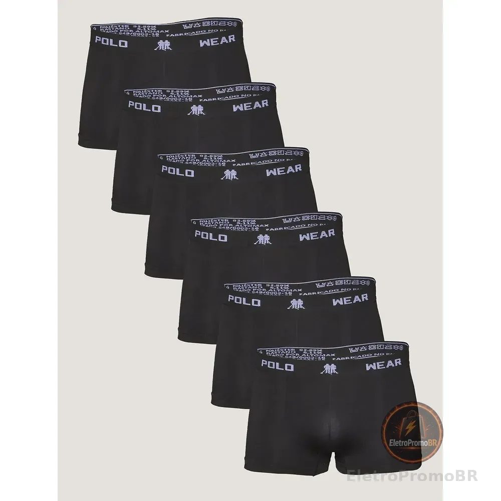 Kit 6 Cuecas Polo Wear Boxer Masculina Preta Preto Liso G