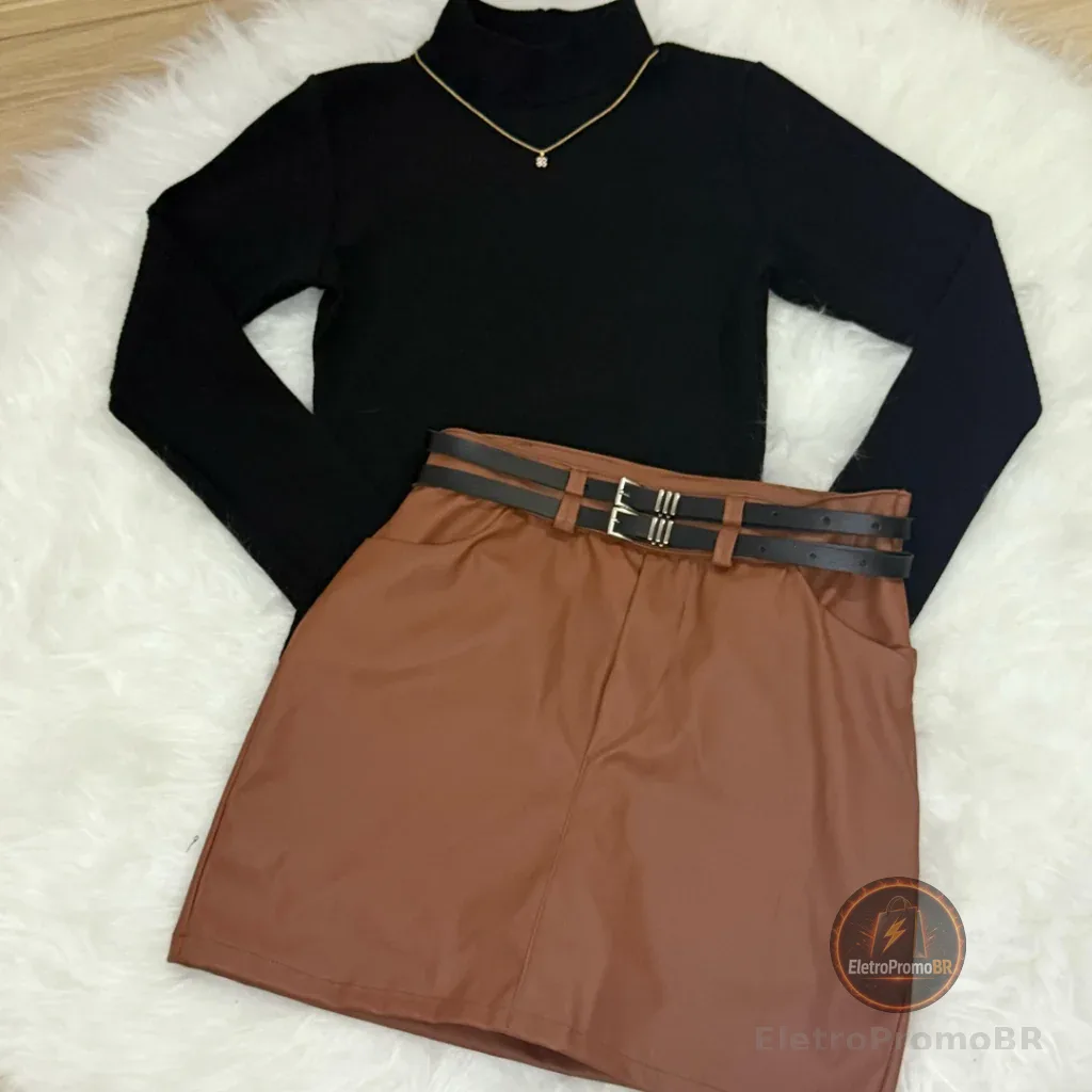 Conjunto short saia de courinho fake com bolso e dois cintos de brinde Body manga longa de gola alta Modinha Inverno