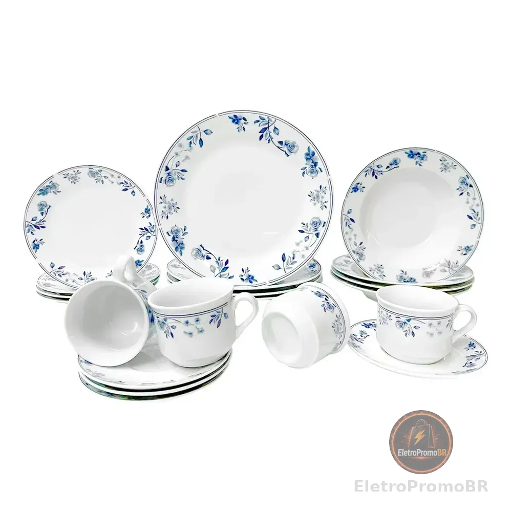 Jogo Aparelho De Jantar Mayara Em Porcelana 20 Peças Cor Branco E Azul Hauskraft Florido