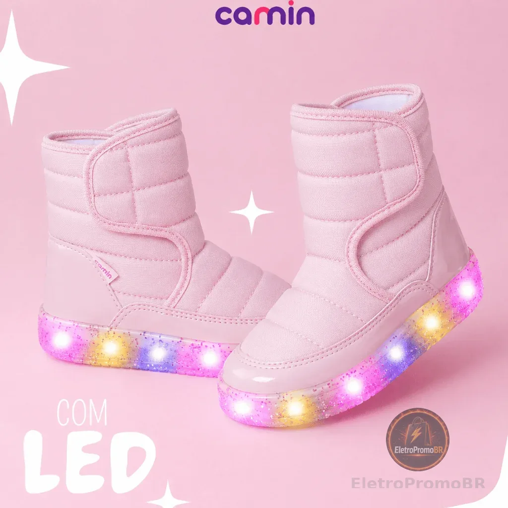 Bota Infantil Menina Cano Alto Led Botinha Feminina Camin Antiderrapante Fashion Leve Macia Promoção