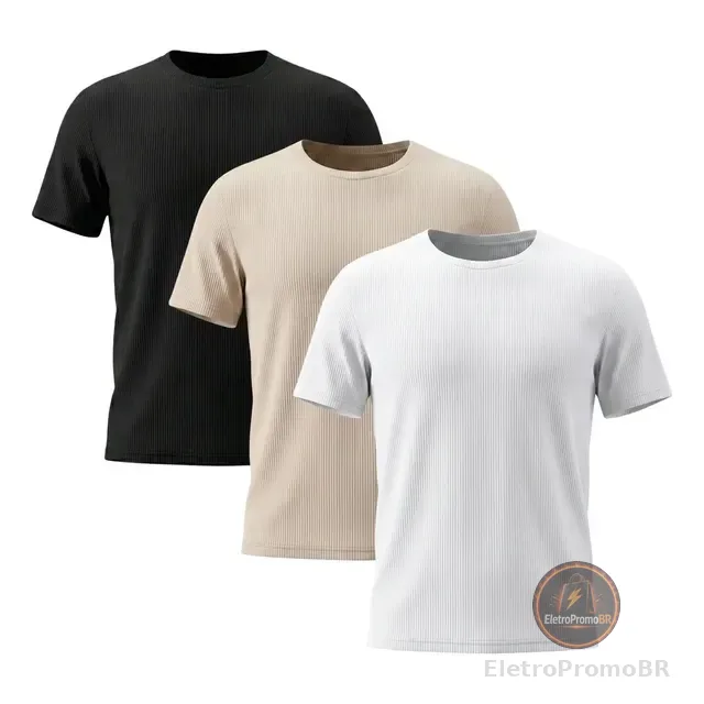 Kit 3 Camisetas Masculina Canelada Americana Gola Careca