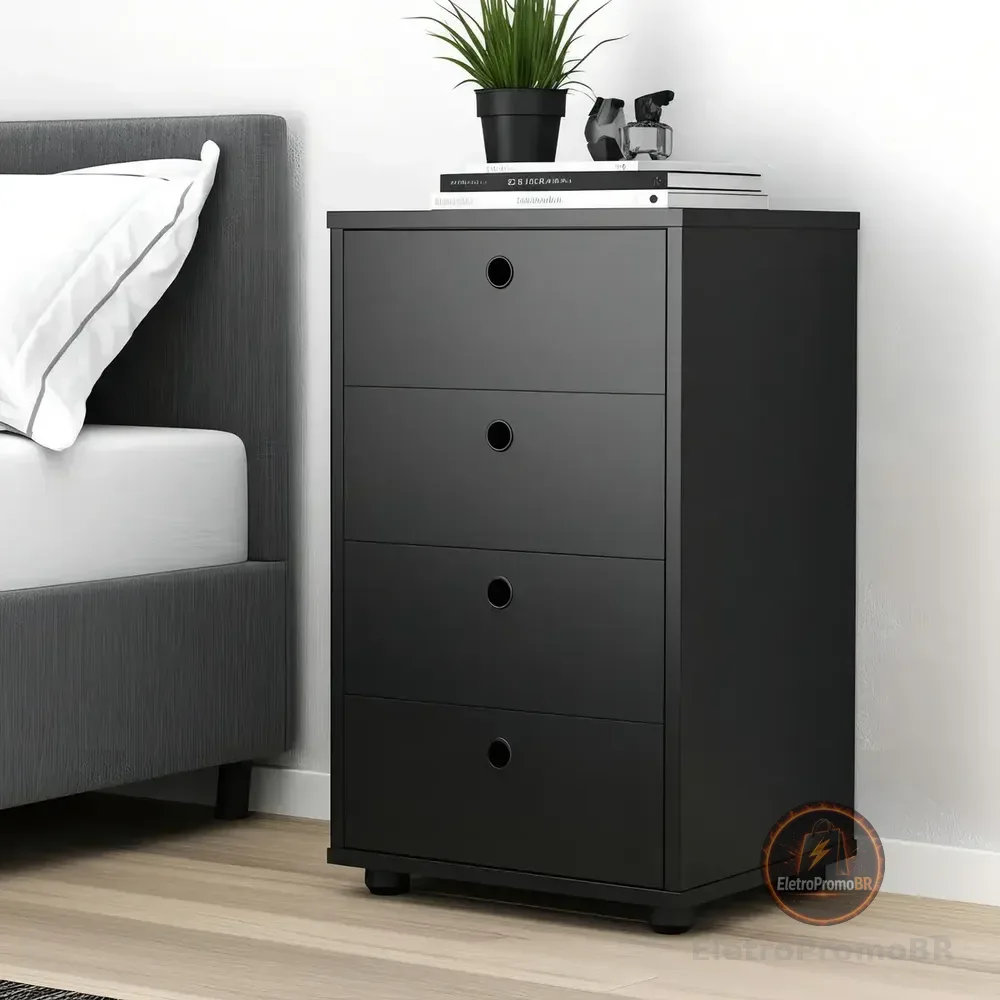 Gaveteiro Clássico 4 Gavetas Preto Corrediças Metálicas Mdp 67,3cm Fosco
