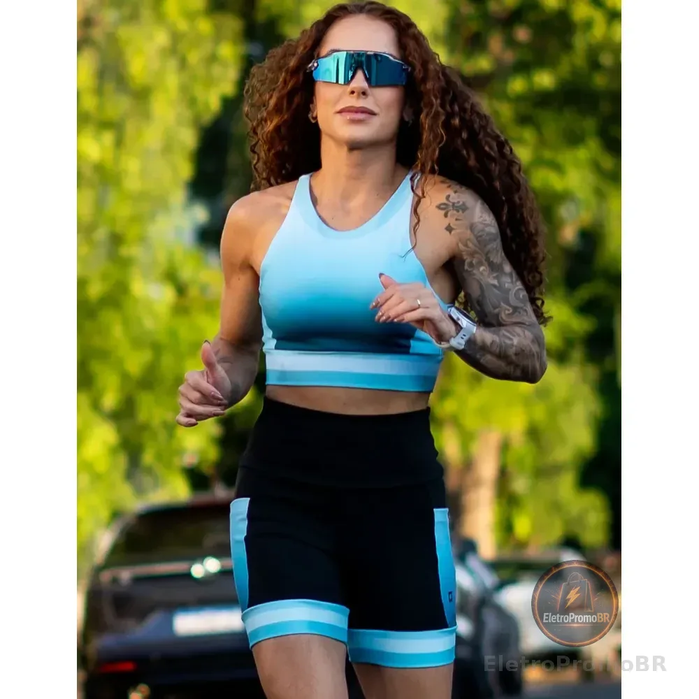 Conjunto Corrida Shorts Com Bolsos Cropped Alta Sustentação Azul-turquesa Liso P