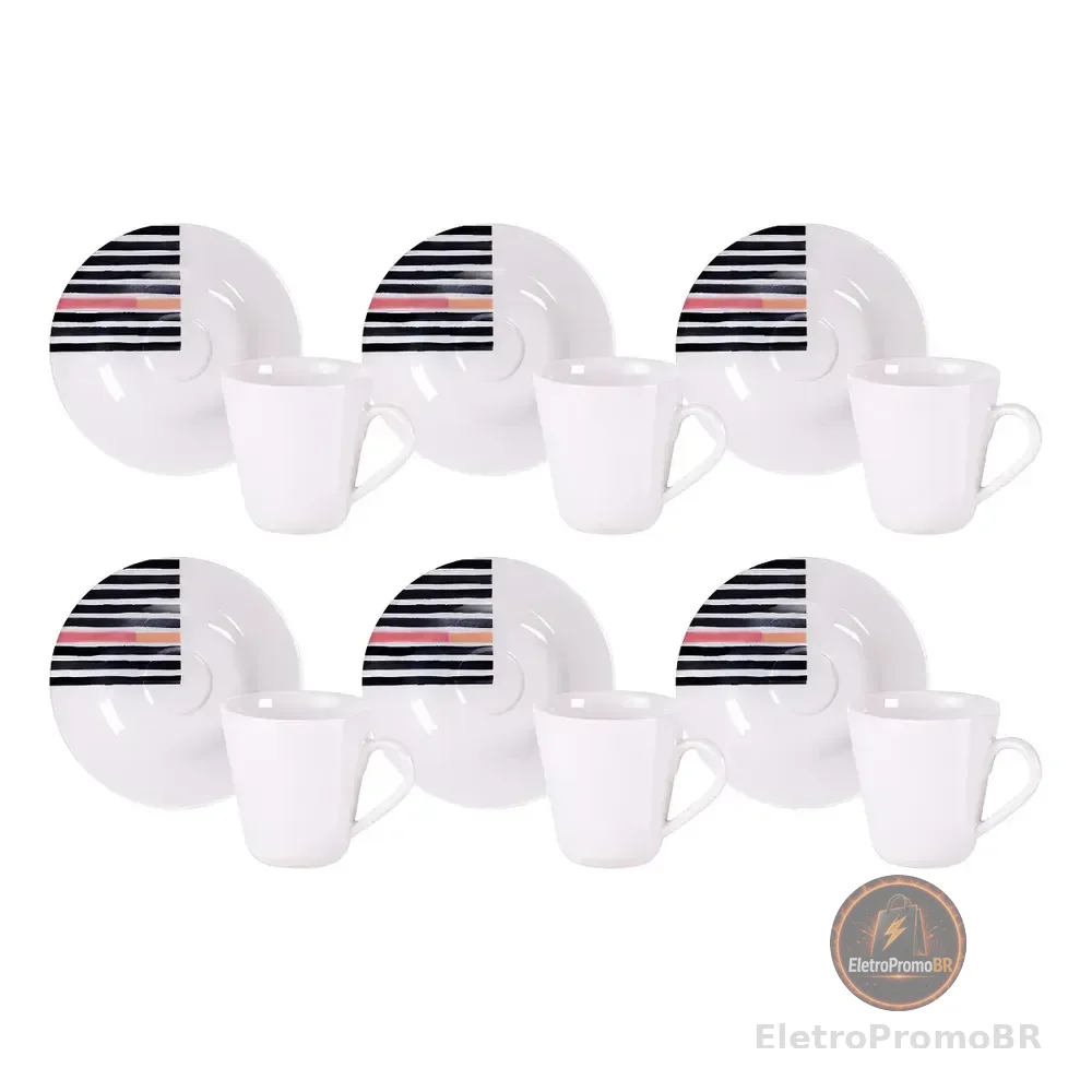 Kit Xícara E Pires De Café Street Em Porcelana Decorada 70 Ml 12 Peças Branco Tramontina