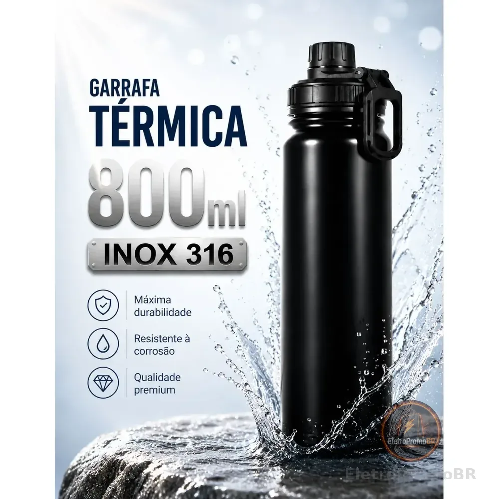 Garrafa Térmica 800ml Água Azarte Inox Academia Com Alça Preta