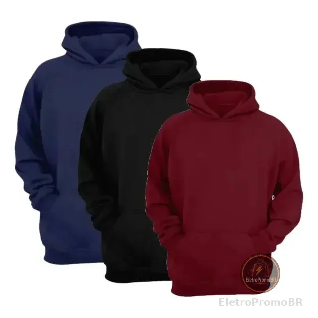 Kit 3 Moletom Canguru Com Capuz Liso Frio Unissex Com Bolso