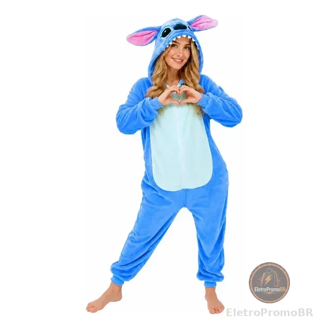 Pijama Macacão Kigurumi Stitch Feminino Adulto Plush Zíper