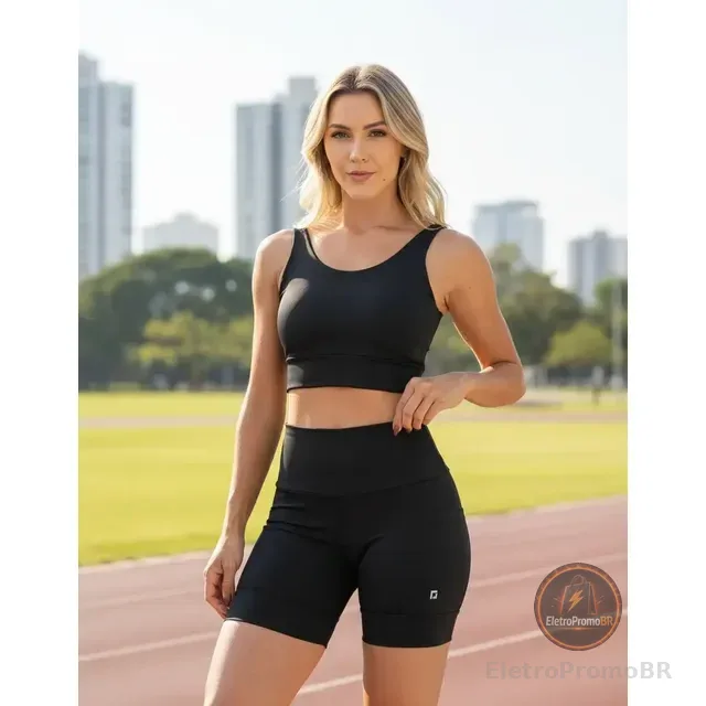 Conjunto Fitness Top Shorts Meia Coxa Cintura Alta