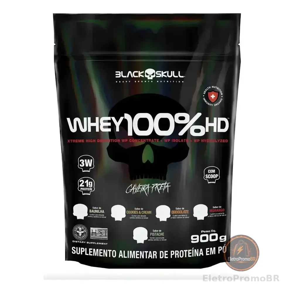 Whey 100% Hd Refil Black Skull 900g Wpc Wpi E Wph Sabor Baunilha