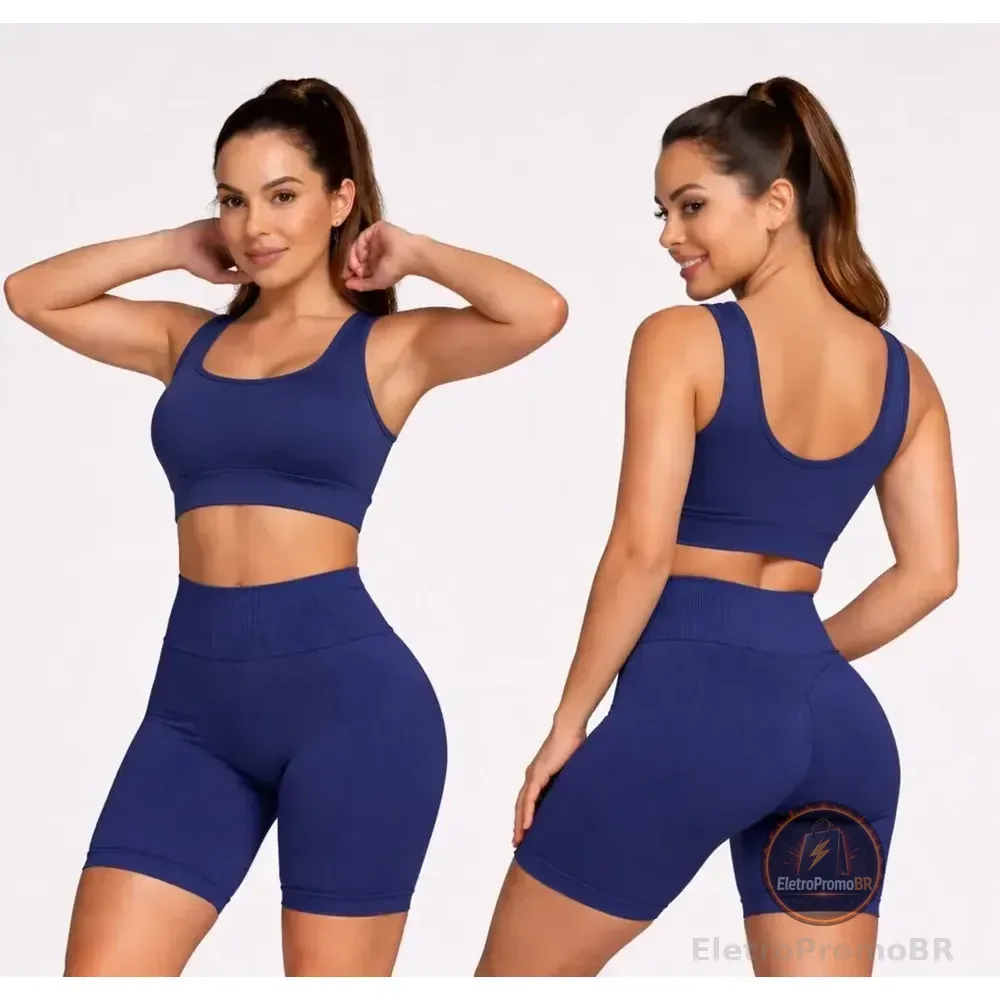 Conjunto Selene Top + Short Sem Costura Canelado Fitness Azul Indico Lisa M