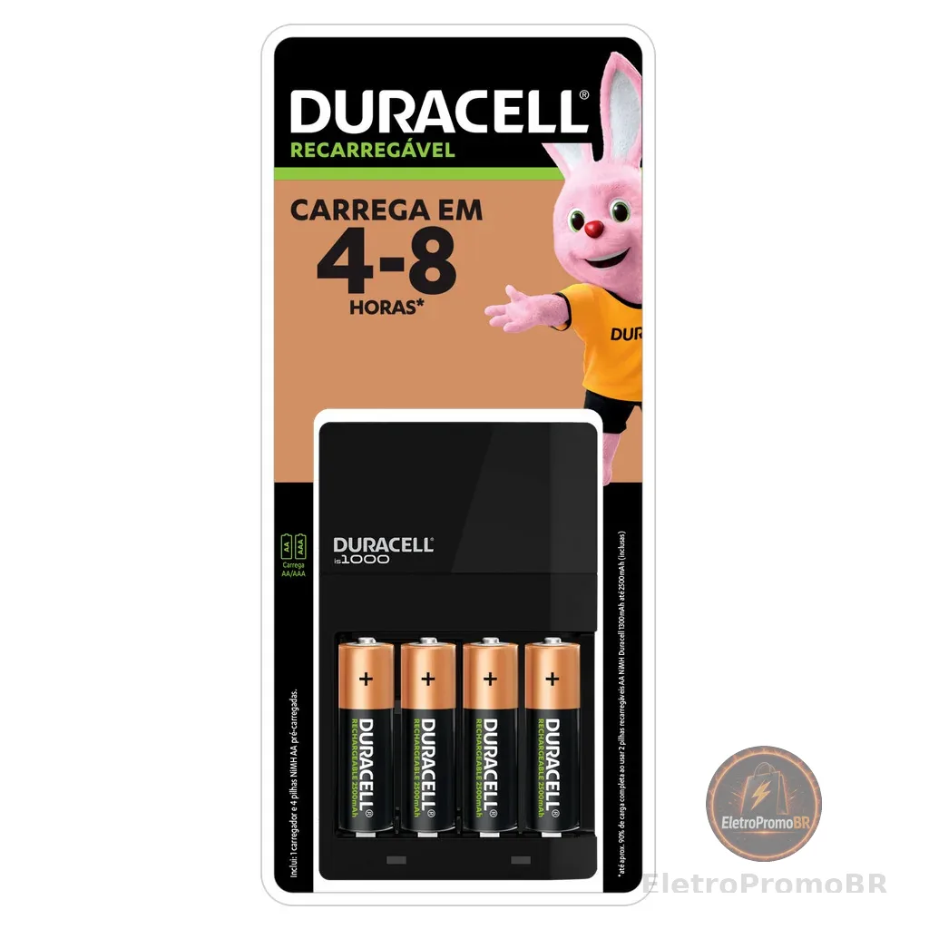Carregador de Pilhas AA e AAA Duracell - Com 4 Pilhas Rec AA