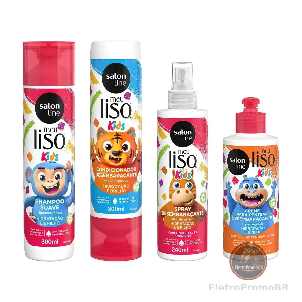Kit Kids com Shampoo + Condicionador + Creme para Pentear + Spray Desembaraçante Meu Lisinho Salon Line