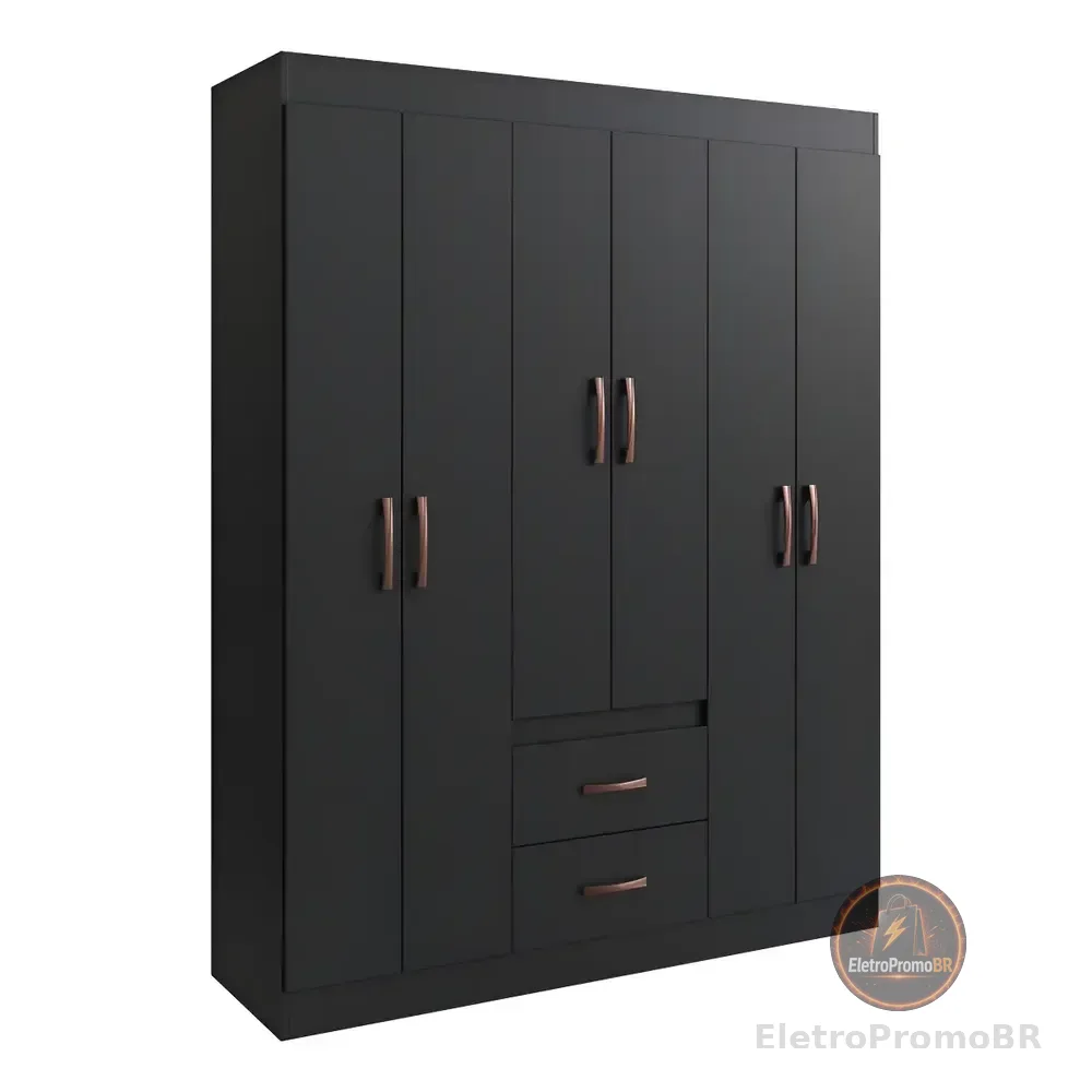 Guarda Roupa Solteiro 6 Portas 2 Gavetas Sidney Doripel Cor Preto