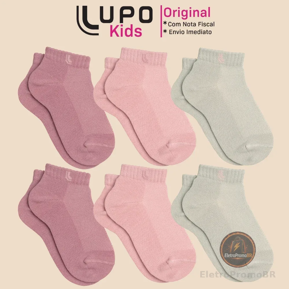 Kit De 6 Pares Meias Lupo Kids Infantil Cano Curto Algodão Tamanho 24 ao 35