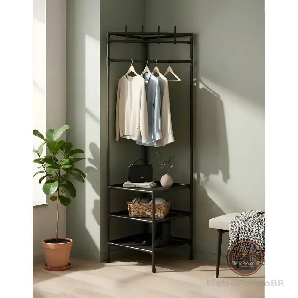 Arara Cabideiro Organizadora De Roupas Com 3 Andares Sapateira Closet Armário De Canto Com Ganchos Vertical Preto