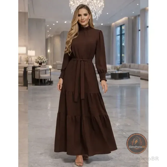 Vestido Longo Feminino Manga Longa Gola Alta Evangélico Luxo