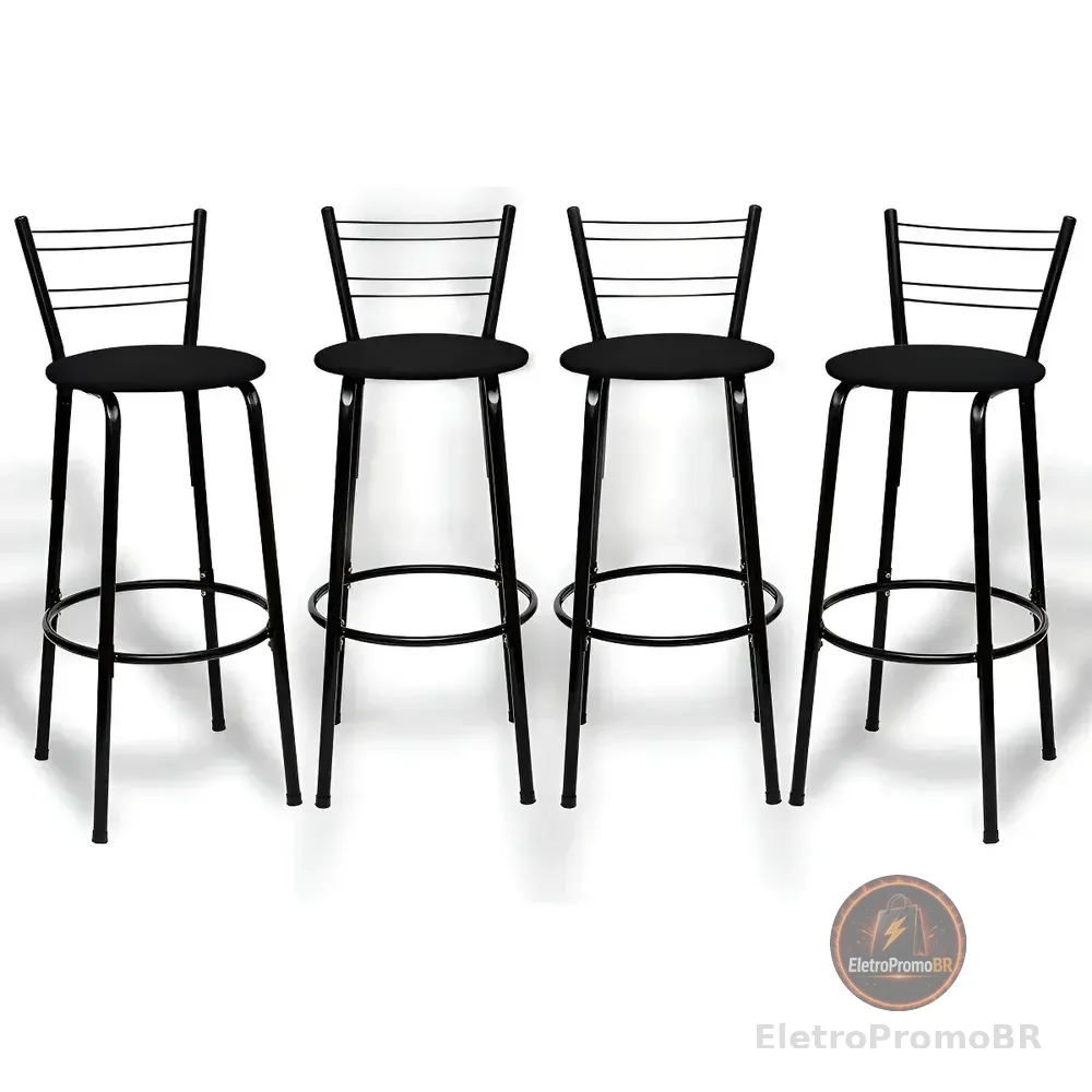 Kit 4 Banquetas Itagold Florida Top Alta Cozinha Americana Bar Balcão Alto Estrutura Preta Atlanta Cor Assento Preto 90cm