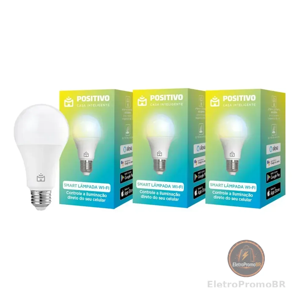 Kit 3 Lâmpadas Smart Wi-fi Positivo Casa Inteligente 9w Bivolt, Compatível Com Alexa E Google Assistente, Controle Por App E Voz, Rgb
