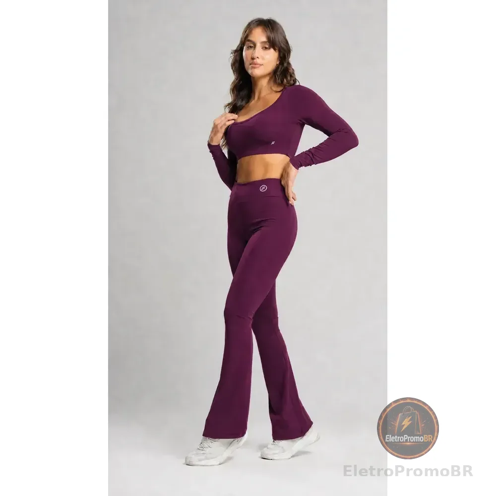 Conjunto Fitness Feminino Calça Flare E Top Manga Longa Vinho M
