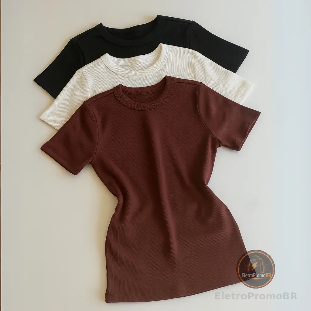 Kit 3 Blusa Manga Curta Ribana Feminina Básica Elegante Tendência Verão