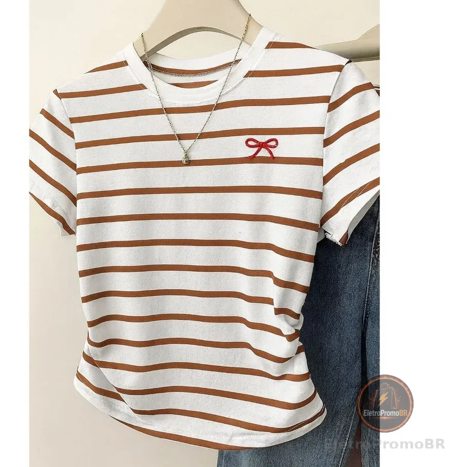 T-Shirt Feminina  100 % Algodão Gola  Alta Com Bordado