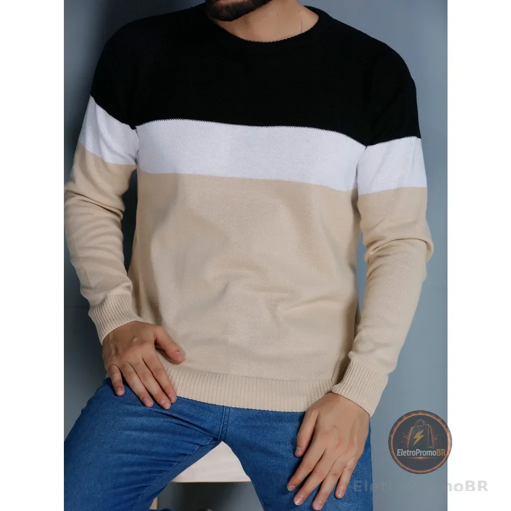 Sueter tricot masculino casaco blusa de frio gola redonda manga longa blusa