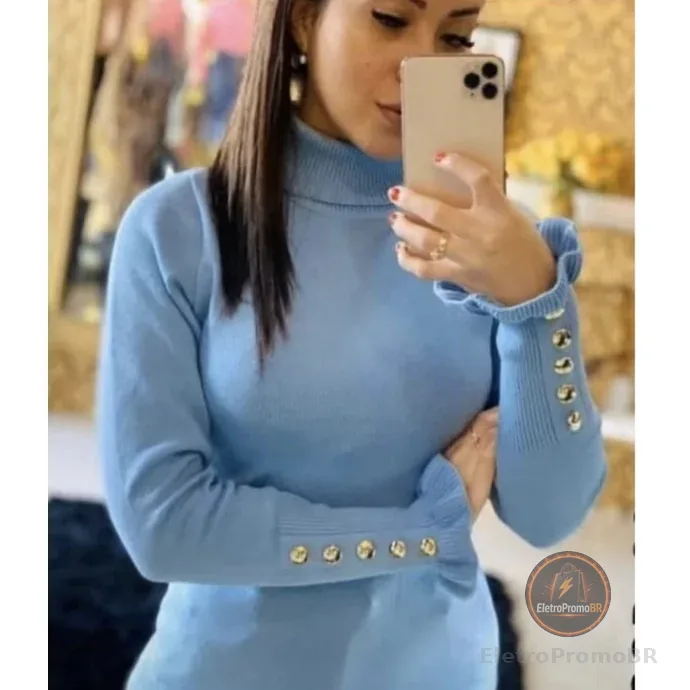 Blusa Moda Feminina Tricot linha  Gola chacharrel  manga babado botao sueter lançamento