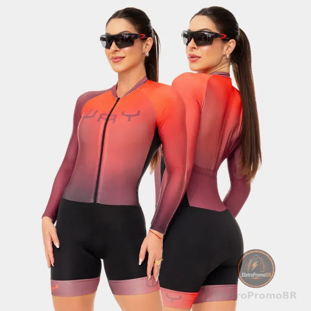 Macacão Macaquinho Ciclismo Feminino Forro Acolchoado Gel Vermelho Gradiente Gg
