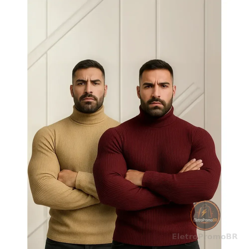 Kit 2 Blusa Cacharrel Masculino Gola Alta Canelado Camisas Bege + Bordô G