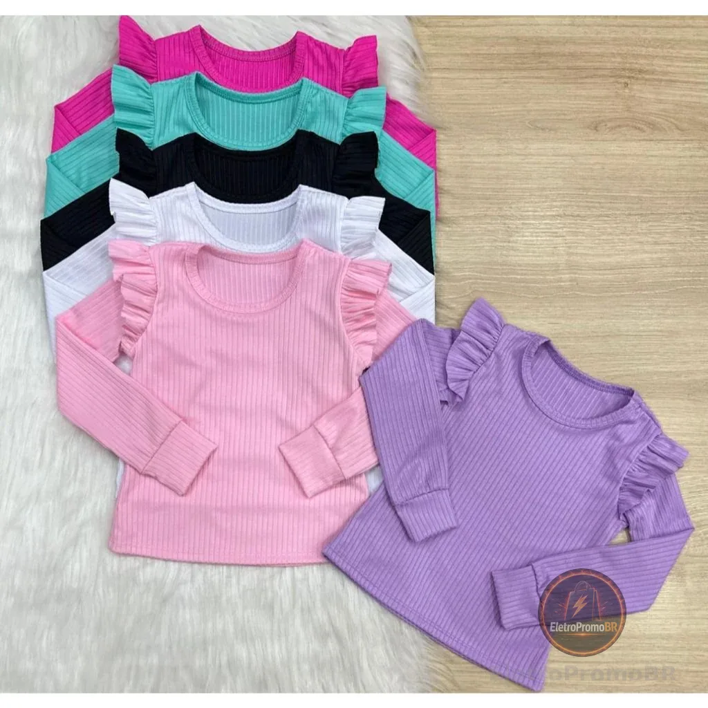 KIT 3 Blusas infantil menina manga longa manga comprida  com babado CORES SORTIDAS