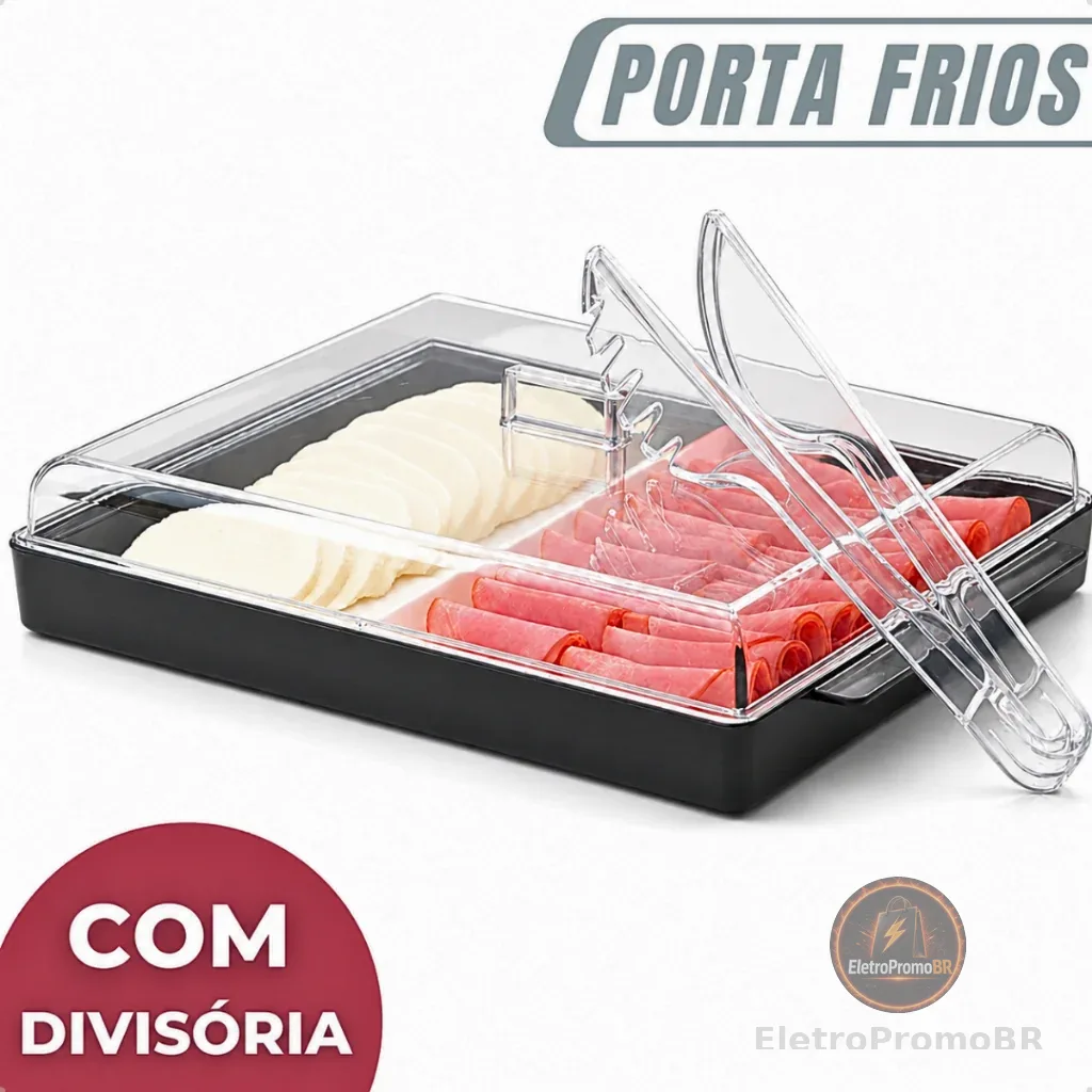 Pote Porta Frios Com Tampa E Divisória Presunto Queijo Resistente Organizador Para Geladeira Hermético Acrílico Duplo