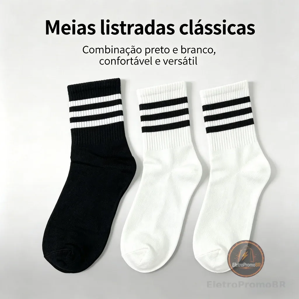 Kit 5/10 Pares Meias Listradas 3 Listras Cano Médio Masculina Unissex Algodão