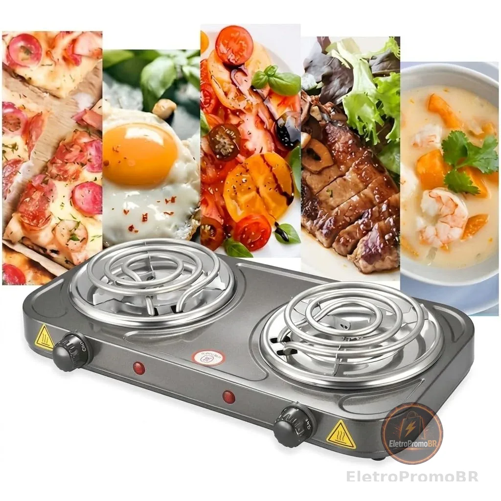 Fogão Elétrico 2 Bocas Cooktop de mesa 127V – Fogareiro Portátil Cooktop de Mesa para Camping, Viagem e Uso Doméstico (Cinza)