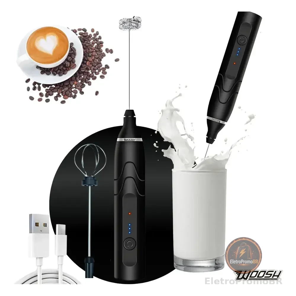 Mixer Elétrico Portátil 2 Em 1 Recarregável Potente Misturador De Bebidas E Ovos 3 Velocidades Usb Batedor E Fue Fouet Marca Woosh Preto