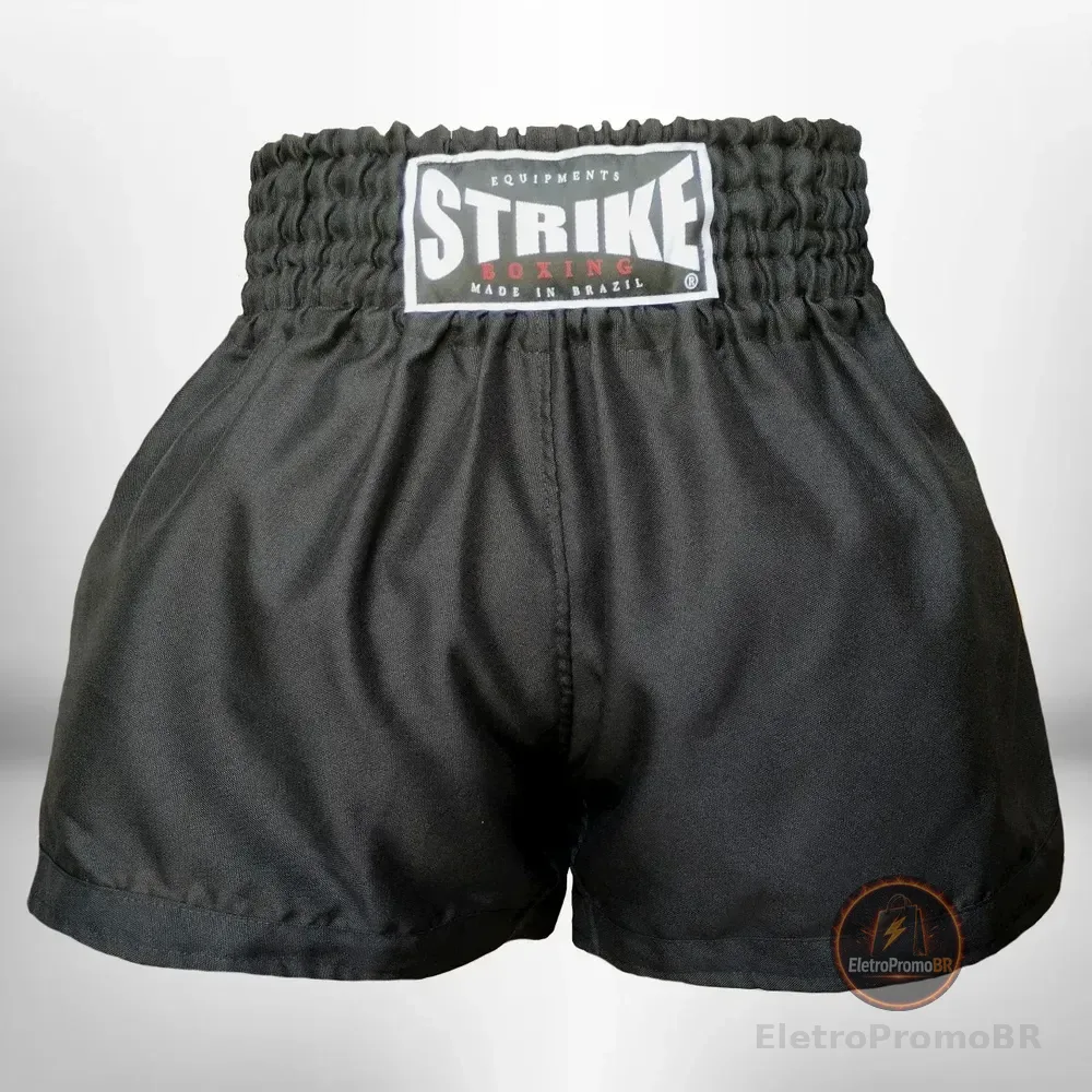Short Muay Thai Bermuda Strike Boxing Calção Luta Bordado Preto Sublimado Gg