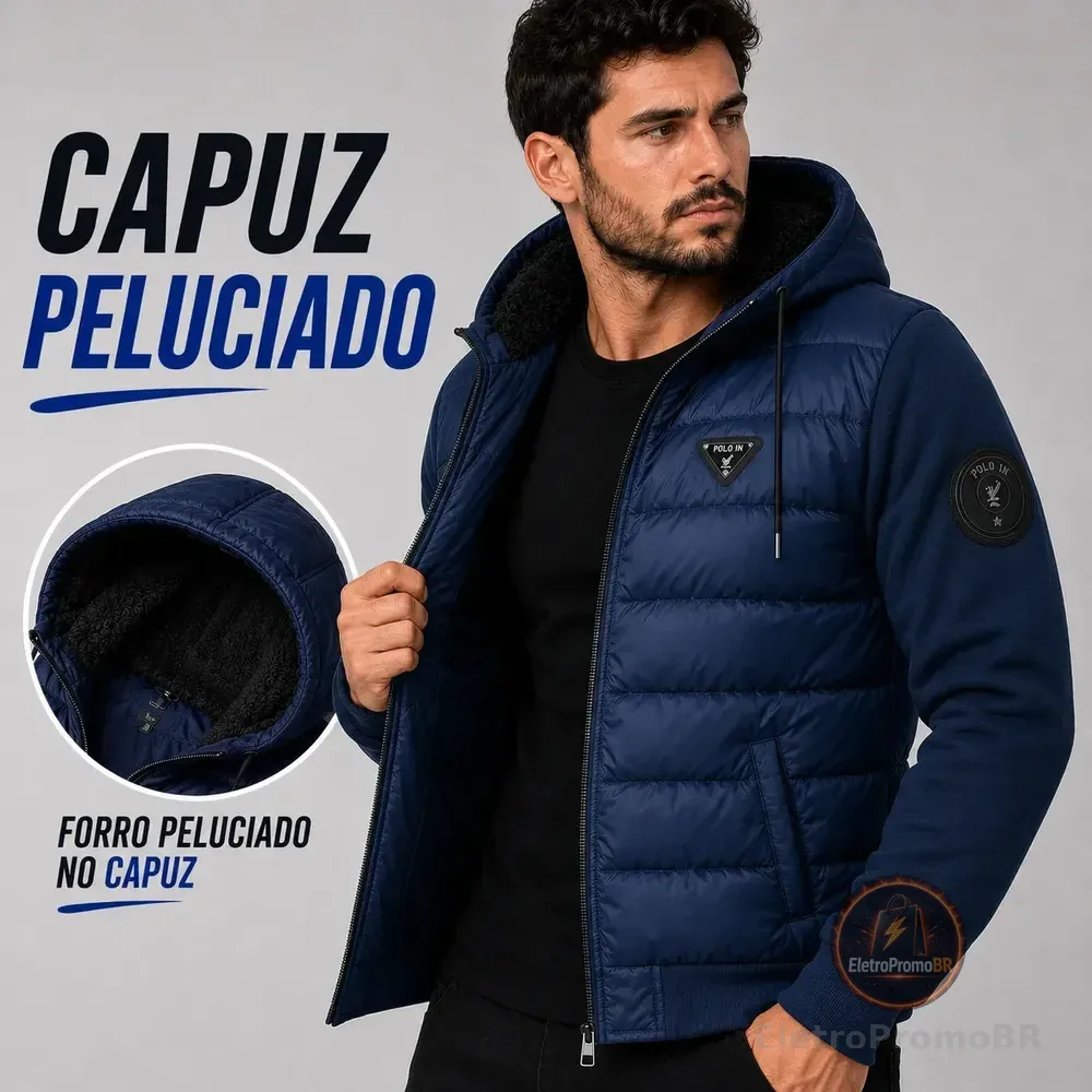 Jaqueta Bobojaco Manga Moletom Forrada Blusa Capuz Peluciado Azul-marinho Gg