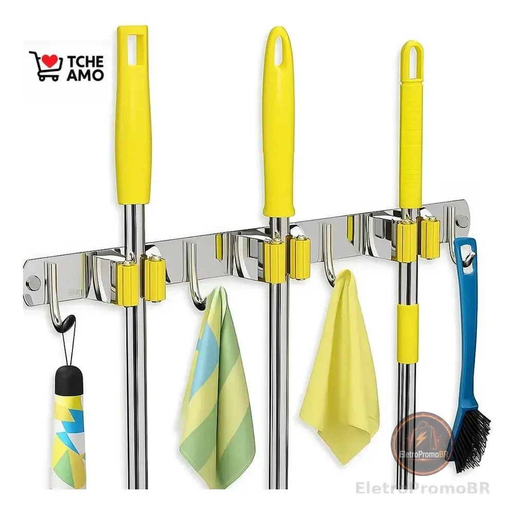Suporte De Vassouras Em Aço Inoxidável Tche Amo, Com 7 Formas De Pendurar 3 Presilhas Para Rodos E Vassouras E 4 Ganchos Vassoureiro Compacto Design Moderno Prateado