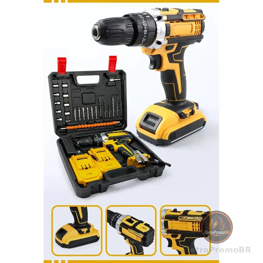 Furadeira Parafusadeira Com 2 Baterias Recarregáveis Maleta Mandril 10mm Torque 32n.m 0-400/0-1400 Rpm Velocidade... Amarelo 127/220v