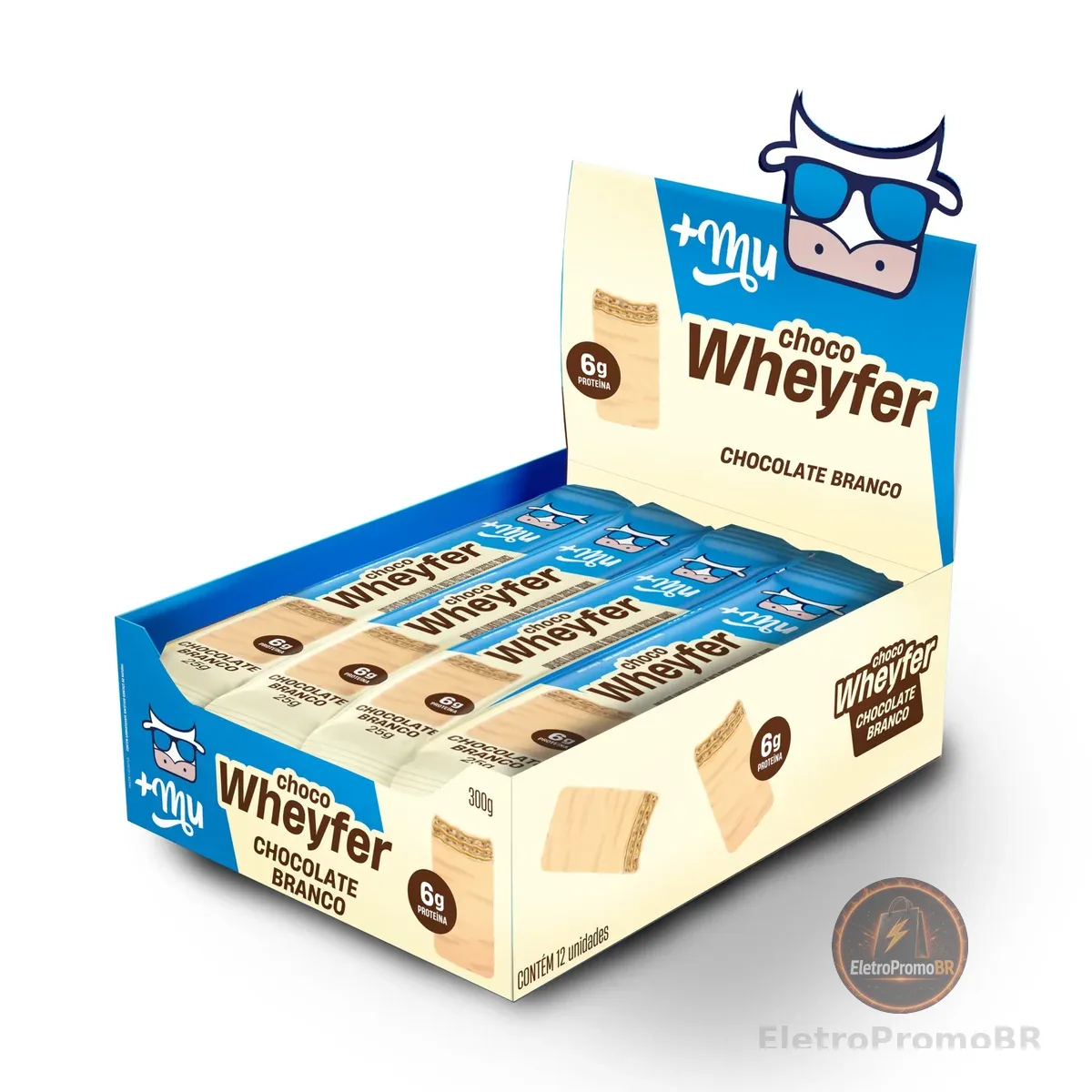 Chocowheyfer, Mais Mu, Wafer Proteico Sabor Chocolate Branco, 6g de Proteína, Zero Açúcar, Display com 12 Unidades